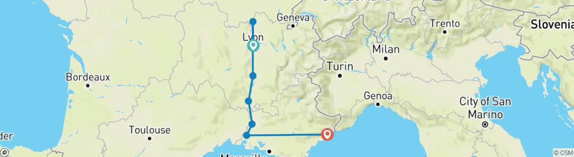 Image of a map showing the route of the tour