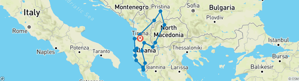 Image of a map showing the route of the tour