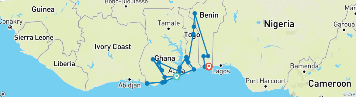 Mapa de Aventura en África Occidental: Lo mejor de Ghana, Togo y Benín