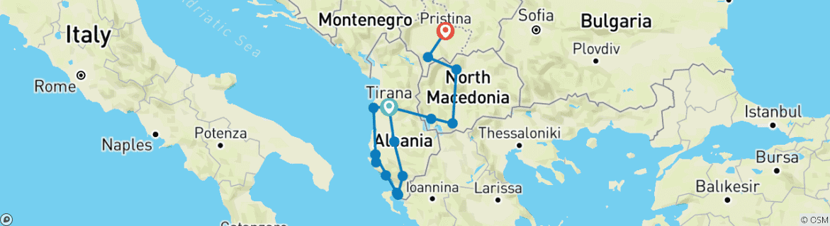 Carte du circuit Aventure en Albanie, au Kosovo et en Macédoine