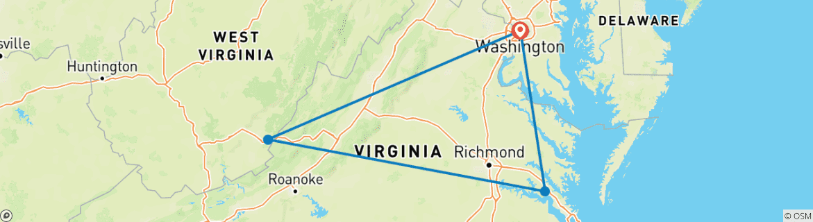 Image of a map showing the route of the tour