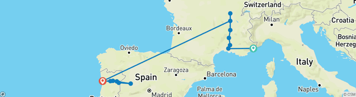 Image of a map showing the route of the tour