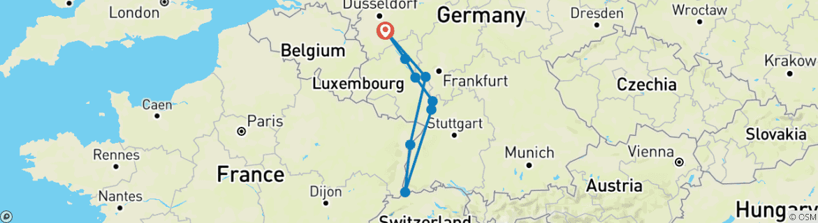 Image of a map showing the route of the tour