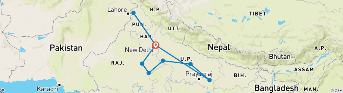 Image of a map showing the route of the tour