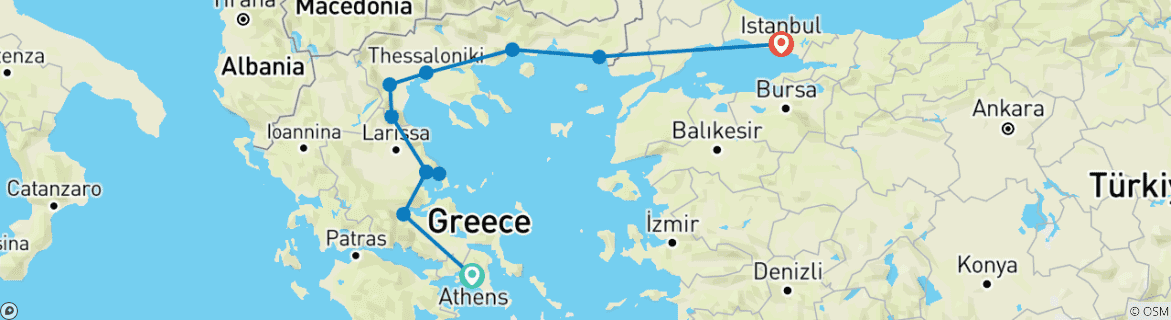Mapa de Grecia y Turquía: viaje de aventura de Atenas a Estambul