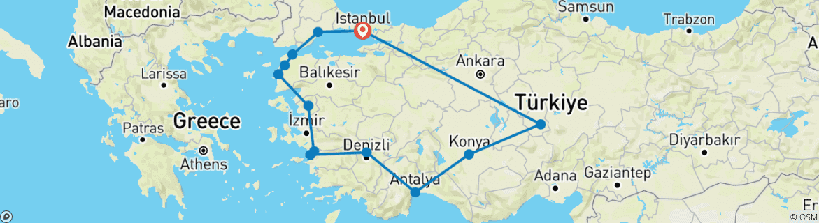 Image of a map showing the route of the tour