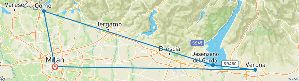 Image of a map showing the route of the tour