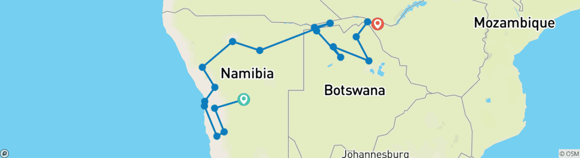 Carte du circuit Odyssée du Trans-Kalahari : 21 jours à travers la Namibie, le désert, le Botswana, le delta et les chutes Victoria