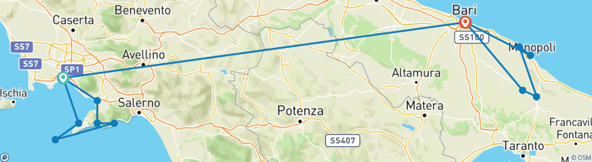 Image of a map showing the route of the tour