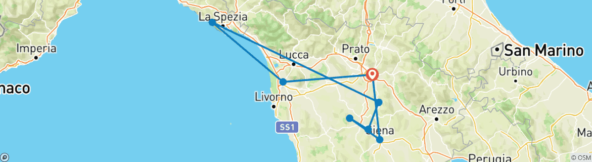 Image of a map showing the route of the tour