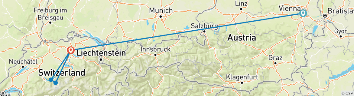 Image of a map showing the route of the tour
