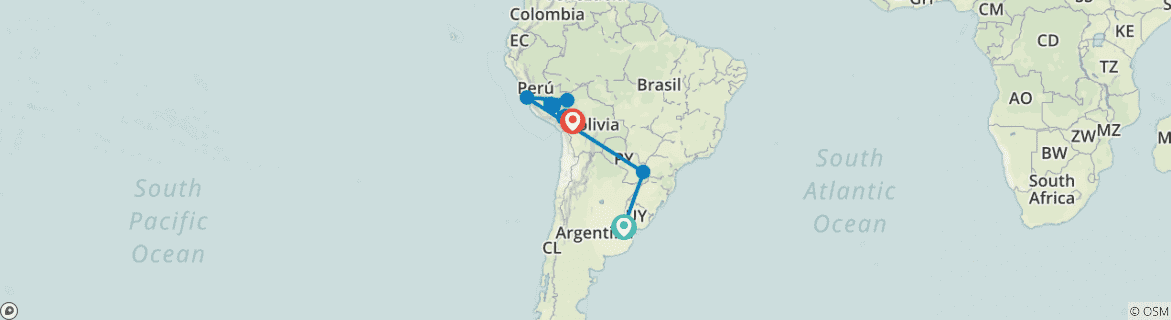 Image of a map showing the route of the tour