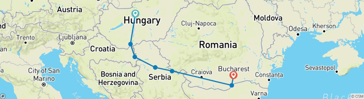 Image of a map showing the route of the tour