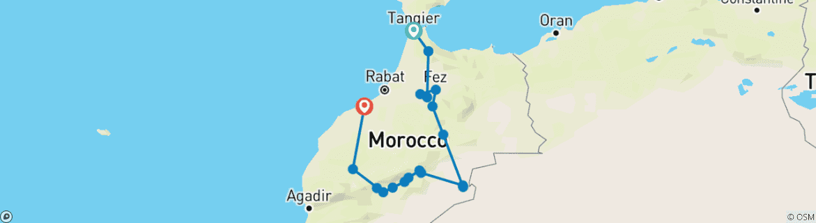 Image of a map showing the route of the tour