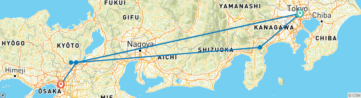 Image of a map showing the route of the tour