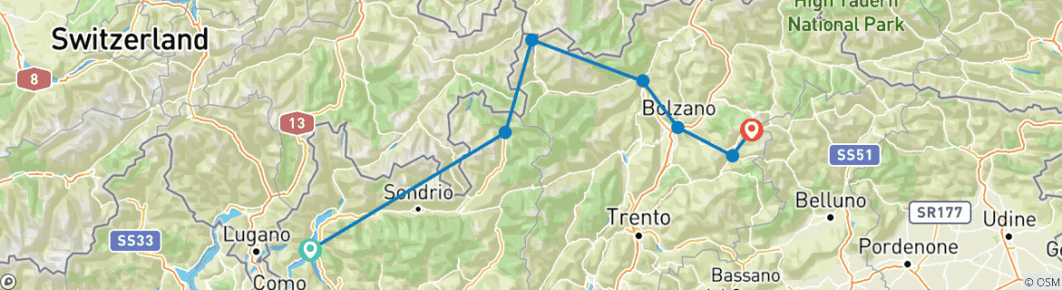 Image of a map showing the route of the tour