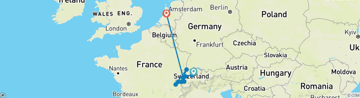 Image of a map showing the route of the tour