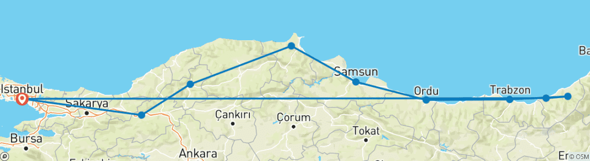 Image of a map showing the route of the tour