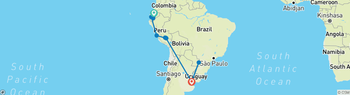 Image of a map showing the route of the tour