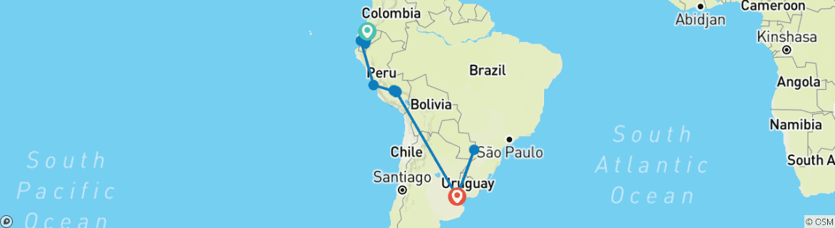 Image of a map showing the route of the tour
