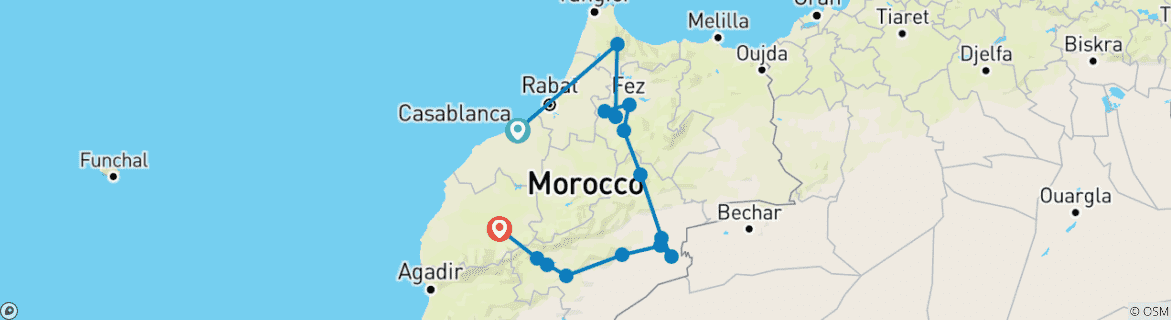 Image of a map showing the route of the tour