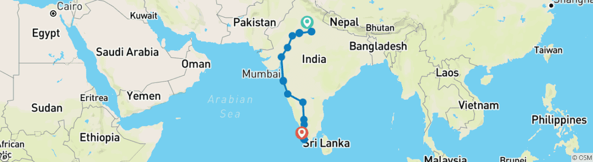 Carte du circuit L'Inde du Nord au Sud : Goa et le Triangle d'Or