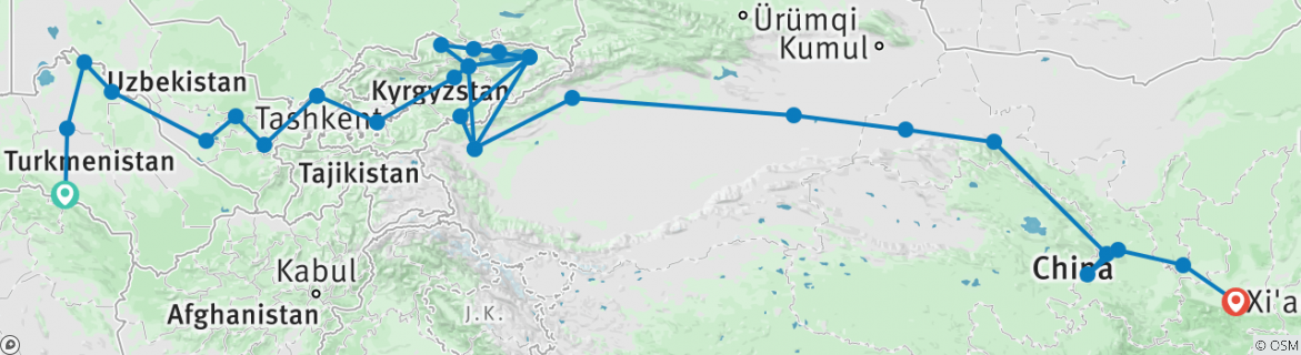 Image of a map showing the route of the tour