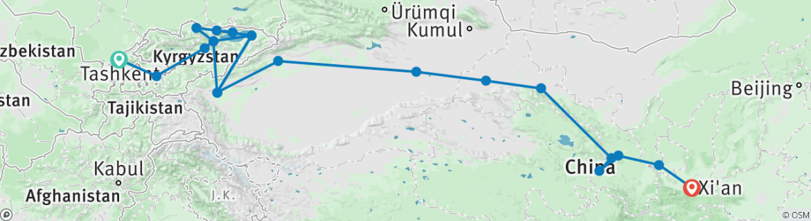 Image of a map showing the route of the tour