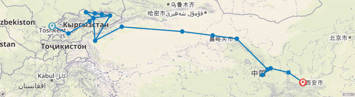 Image of a map showing the route of the tour