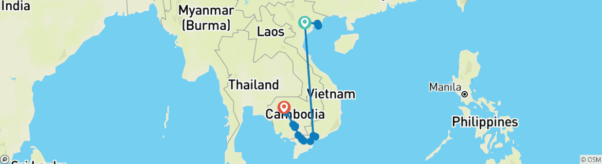 Kaart van Schatten & Tempels van Vietnam & Cambodja 2026-2027|2027-2028 - 17 Dagen
