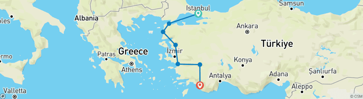 Image of a map showing the route of the tour