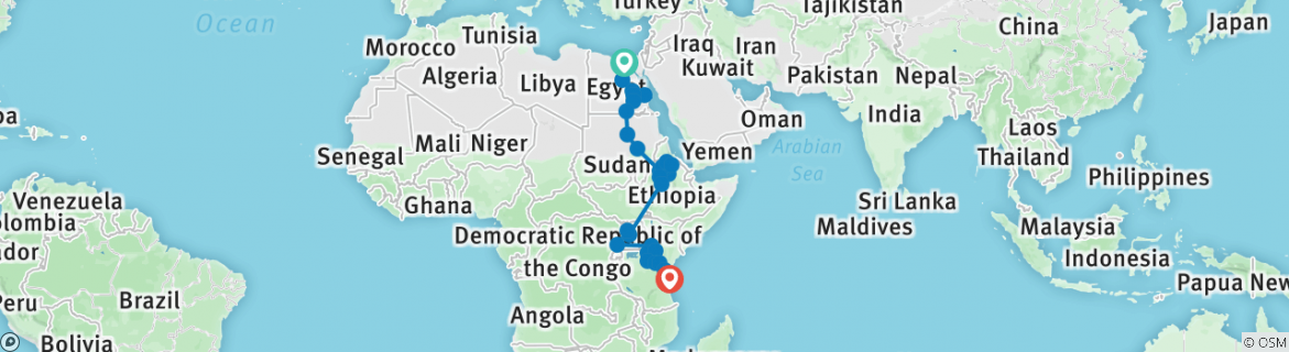 Image of a map showing the route of the tour