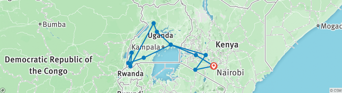 Image of a map showing the route of the tour