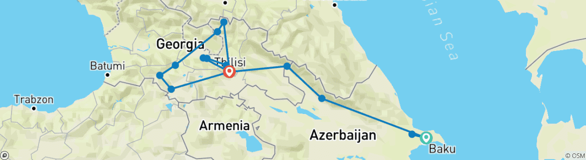 Image of a map showing the route of the tour
