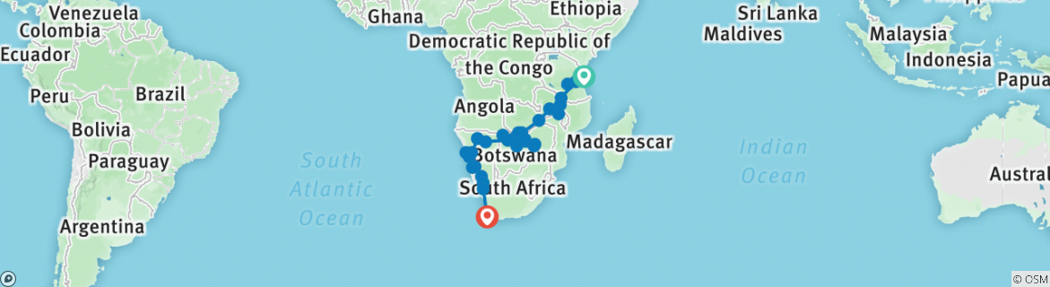 Image of a map showing the route of the tour