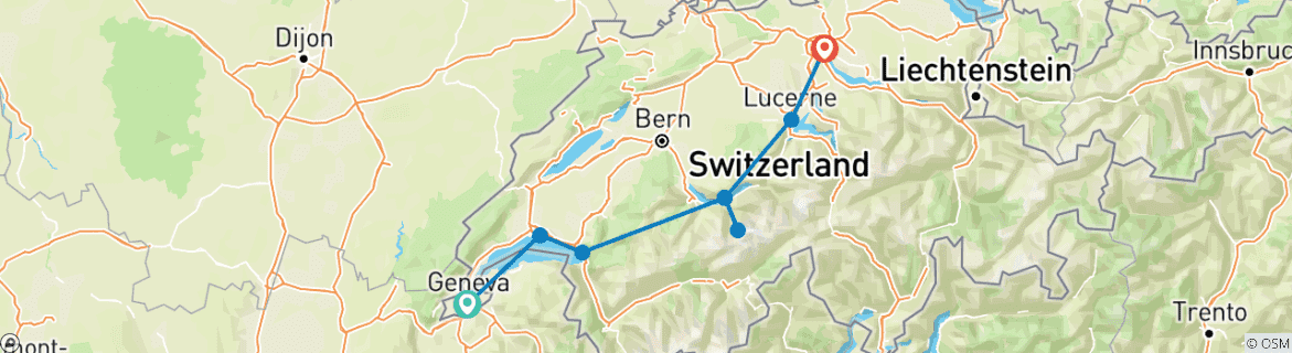 Image of a map showing the route of the tour