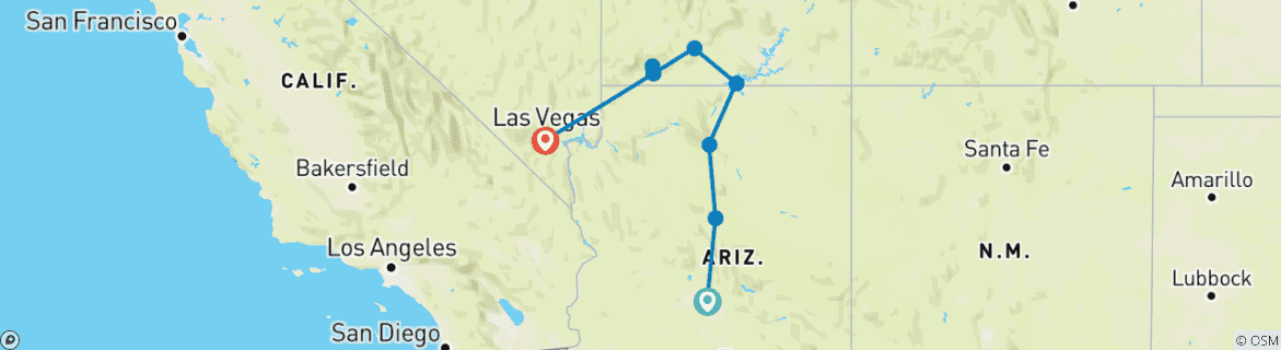 Image of a map showing the route of the tour