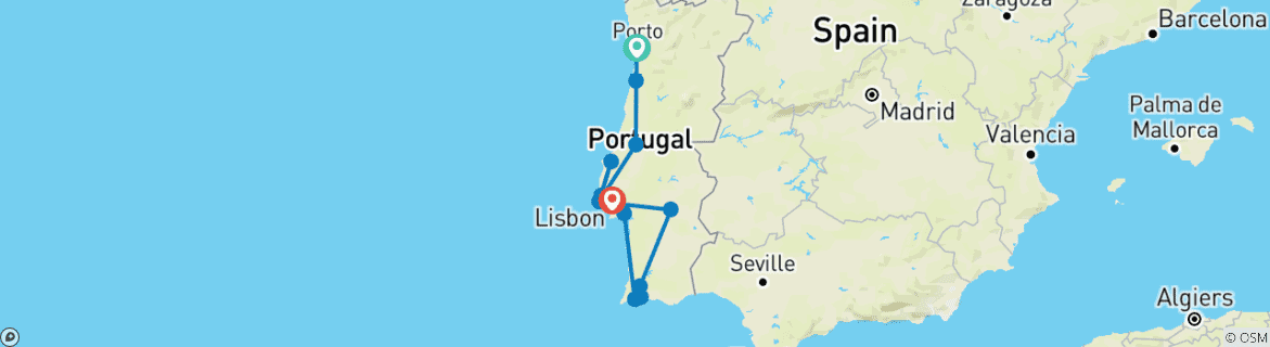 Image of a map showing the route of the tour