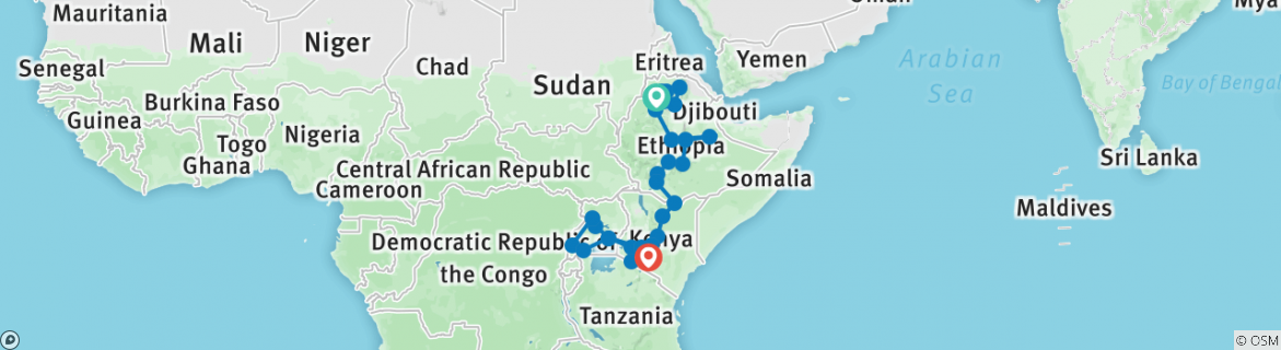 Image of a map showing the route of the tour