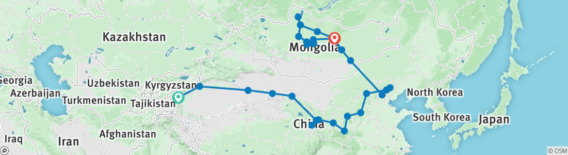 Image of a map showing the route of the tour