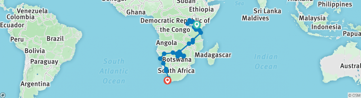 Image of a map showing the route of the tour