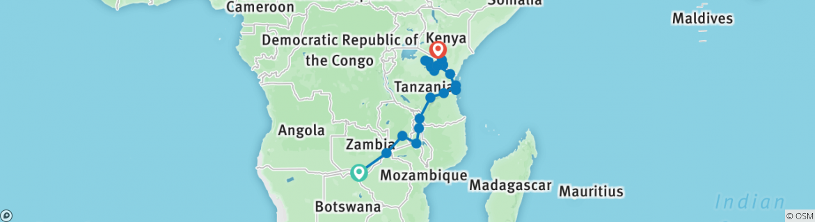 Image of a map showing the route of the tour