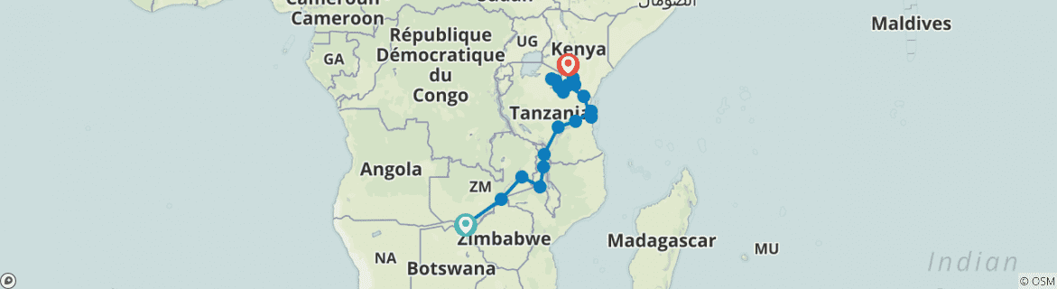 Image of a map showing the route of the tour