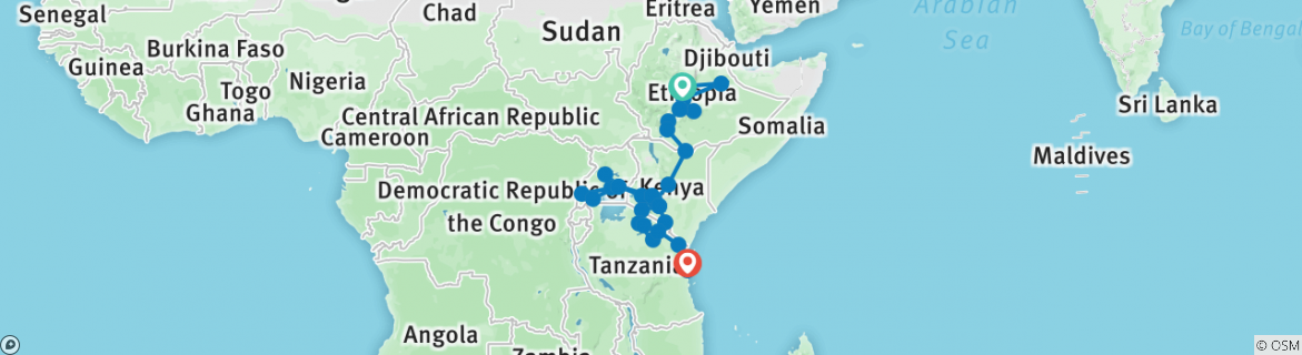 Image of a map showing the route of the tour