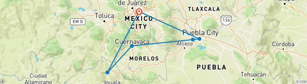 Image of a map showing the route of the tour