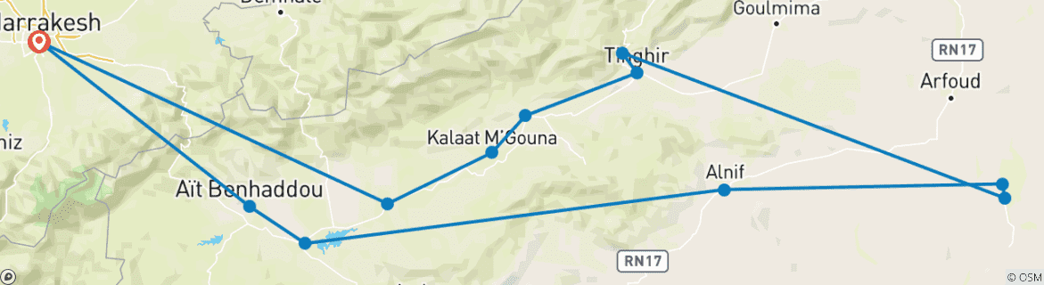 Image of a map showing the route of the tour