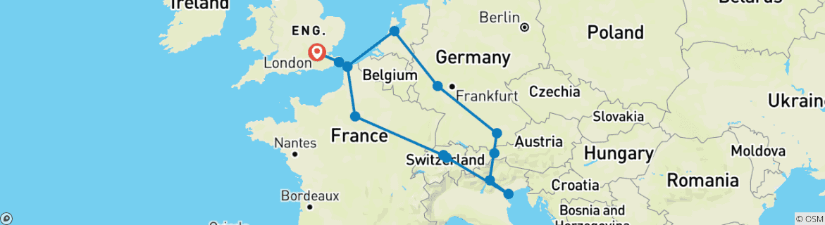 Image of a map showing the route of the tour