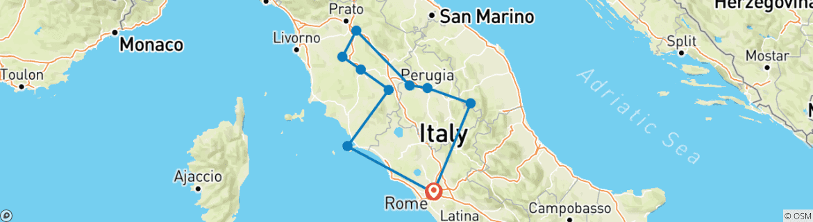 Image of a map showing the route of the tour