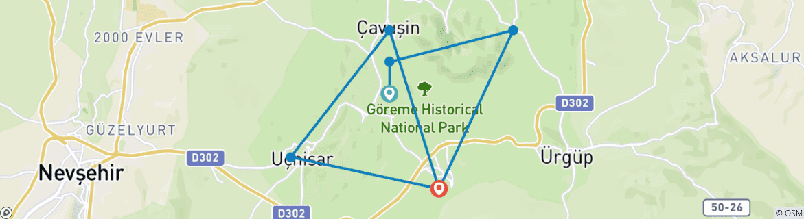 Image of a map showing the route of the tour