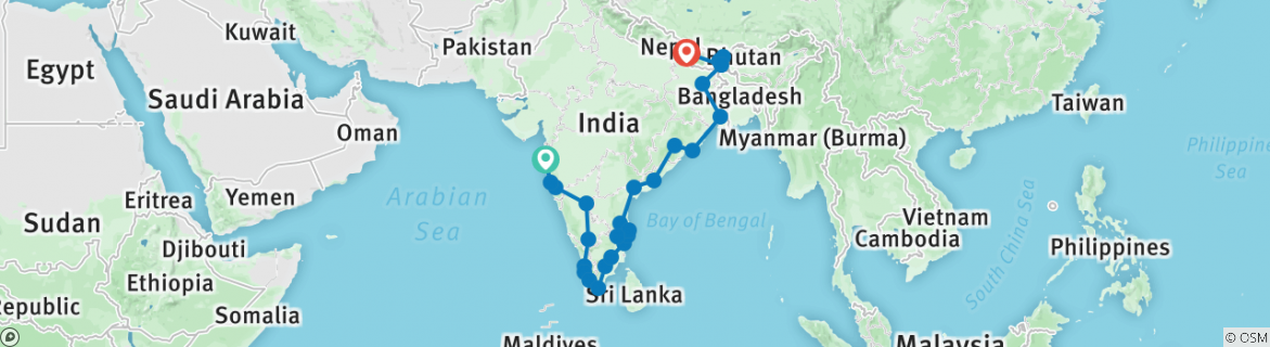 Image of a map showing the route of the tour